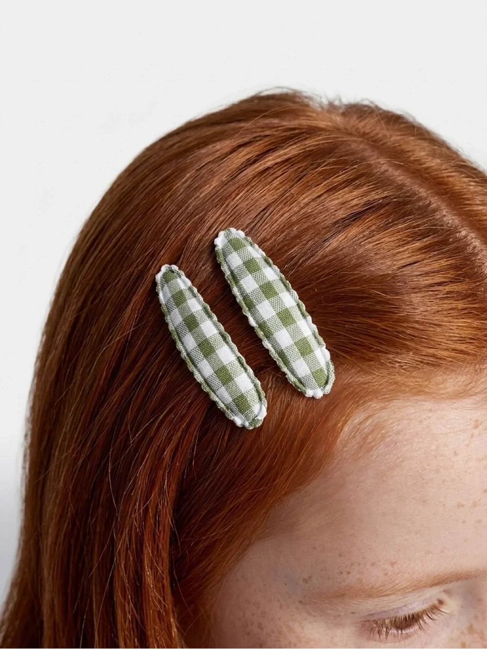 Handmade Green Gingham Fabric Snap Hair Clips Set Cottagecore